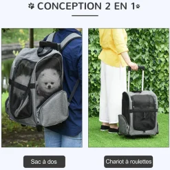 2 en 1 trolley chariot sac à dos sac de transport à roulettes pour chien chat gris