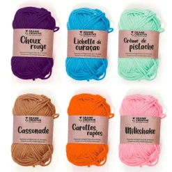 6 fils de coton spécial crochet 55 m - rose-orange-camel-vert clair-turquoise-violet