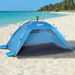 Abri de camping tente de plage instantanée portable 2 fenêtres porte zippée lestage polyester bleu