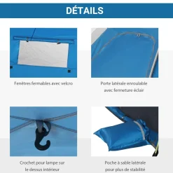 Abri de camping tente de plage instantanée portable 2 fenêtres porte zippée lestage polyester bleu