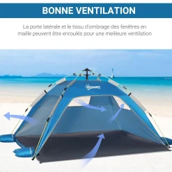 Abri de camping tente de plage instantanée portable 2 fenêtres porte zippée lestage polyester bleu