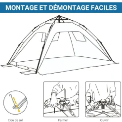 Abri de camping tente de plage instantanée portable 2 fenêtres porte zippée lestage polyester bleu