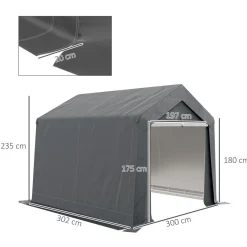 Abri de jardin, tente de stockage, 3 x 3 m, imperméable et anti-UV, cadre en acier galvanisé et grande porte, abri de vélo garage pour extérieur, gris foncé