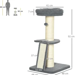 Arbre à chat 3 griffoirs grattoirs sisal naturel plateforme panier 2 boules suspendues peluche haute densité 220 g/m² gris