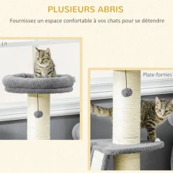 Arbre à chat 3 griffoirs grattoirs sisal naturel plateforme panier 2 boules suspendues peluche haute densité 220 g/m² gris