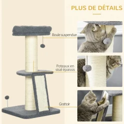 Arbre à chat 3 griffoirs grattoirs sisal naturel plateforme panier 2 boules suspendues peluche haute densité 220 g/m² gris
