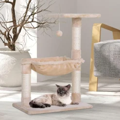 Arbre à chat 3 griffoirs grattoirs sisal naturel plateforme hamac et boule suspendue dim. 50L x 36l x 70H cm peluche haute densité 220 g/m² beige
