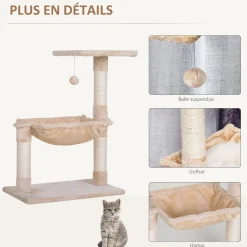 Arbre à chat 3 griffoirs grattoirs sisal naturel plateforme hamac et boule suspendue dim. 50L x 36l x 70H cm peluche haute densité 220 g/m² beige