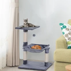 Arbre à chat 3 griffoirs grattoirs sisal naturel plateforme hamac et boule suspendue dim. 50L x 36l x 70H cm peluche haute densité 220 g/m² gris
