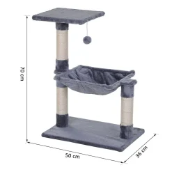 Arbre à chat 3 griffoirs grattoirs sisal naturel plateforme hamac et boule suspendue dim. 50L x 36l x 70H cm peluche haute densité 220 g/m² gris