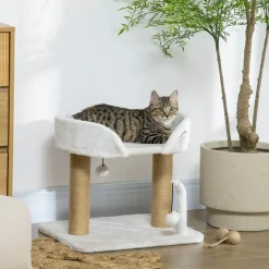 Arbre à chat 2 griffoirs jute naturelle panier jeu 2 boules suspendues avec clochettes peluche blanche