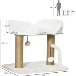 Arbre à chat 2 griffoirs jute naturelle panier jeu 2 boules suspendues avec clochettes peluche blanche