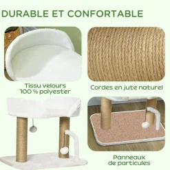 Arbre à chat 2 griffoirs jute naturelle panier jeu 2 boules suspendues avec clochettes peluche blanche