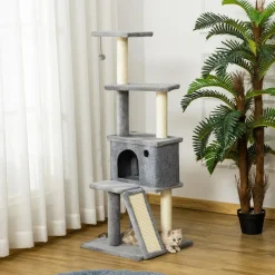 Arbre à chat centre d'activités multi-équipé griffoirs grattoir jeu boule suspendue niche housse amovible plateformes gris
