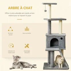 Arbre à chat centre d'activités multi-équipé griffoirs grattoir jeu boule suspendue niche housse amovible plateformes gris