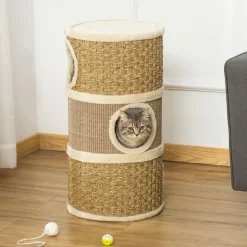 Arbre à chat cylindrique - tour à griffer pour chat - arbre à chat tour - Tonneau griffoir - 3 niches + plateforme - sisal corde d'algues beige
