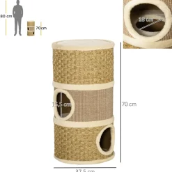Arbre à chat cylindrique - tour à griffer pour chat - arbre à chat tour - Tonneau griffoir - 3 niches + plateforme - sisal corde d'algues beige