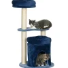 Arbre à chat design - niche, 2 plateformes, 2 coussins, griffoirs - peluche bleu roi