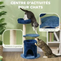 Arbre à chat design - niche, 2 plateformes, 2 coussins, griffoirs - peluche bleu roi