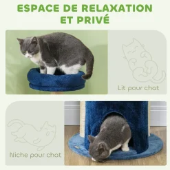 Arbre à chat design - niche, 2 plateformes, 2 coussins, griffoirs - peluche bleu roi