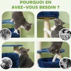 Arbre à chat design - niche, 2 plateformes, 2 coussins, griffoirs - peluche bleu roi