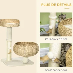 Arbre à chat griffoir 2 niveaux hauteur 72 cm poteau sisal avec niche et plate-forme 1 balle suspendue beige
