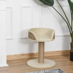 Arbre à chat griffoir 2 niveaux H. 49 cm - poteau sisal, plateforme observation, jeu de boule suspendue - jute polyester beige