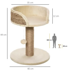 Arbre à chat griffoir 2 niveaux H. 49 cm - poteau sisal, plateforme observation, jeu de boule suspendue - jute polyester beige