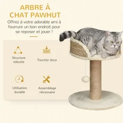 Arbre à chat griffoir 2 niveaux H. 49 cm - poteau sisal, plateforme observation, jeu de boule suspendue - jute polyester beige