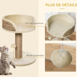 Arbre à chat griffoir 2 niveaux H. 49 cm - poteau sisal, plateforme observation, jeu de boule suspendue - jute polyester beige