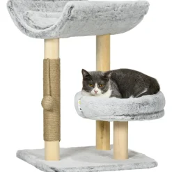 Arbre à chat griffoir chanvre naturel panier plateforme d'observation jeu boule suspendue bois panneaux peluche gris