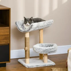 Arbre à chat griffoir chanvre naturel panier plateforme d'observation jeu boule suspendue bois panneaux peluche gris