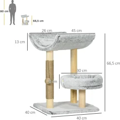 Arbre à chat griffoir chanvre naturel panier plateforme d'observation jeu boule suspendue bois panneaux peluche gris