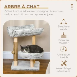 Arbre à chat griffoir chanvre naturel panier plateforme d'observation jeu boule suspendue bois panneaux peluche gris
