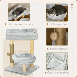 Arbre à chat griffoir chanvre naturel panier plateforme d'observation jeu boule suspendue bois panneaux peluche gris