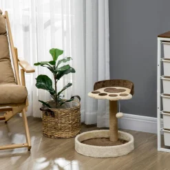 Arbre à chat griffoir design patte de chat jeu boule suspendue panier plateforme observation peluche beige marron jute naturelle