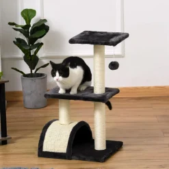 Arbre à chat griffoir grattoir design jeu boule suspendue 2 plateformes peluche sisal naturel gris