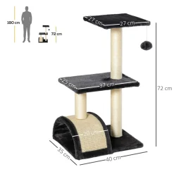 Arbre à chat griffoir grattoir design jeu boule suspendue 2 plateformes peluche sisal naturel gris