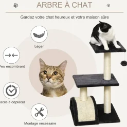 Arbre à chat griffoir grattoir design jeu boule suspendue 2 plateformes peluche sisal naturel gris
