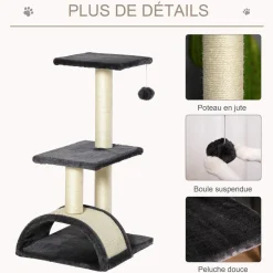 Arbre à chat griffoir grattoir design jeu boule suspendue 2 plateformes peluche sisal naturel gris
