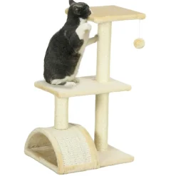 Arbre à chat griffoir grattoir design jeu boule suspendue 2 plateformes peluche sisal naturel crème