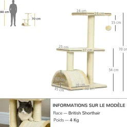 Arbre à chat griffoir grattoir design jeu boule suspendue 2 plateformes peluche sisal naturel crème
