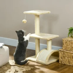 Arbre à chat griffoir grattoir design jeu boule suspendue 2 plateformes peluche sisal naturel crème
