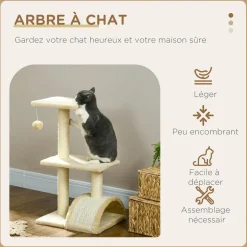 Arbre à chat griffoir grattoir design jeu boule suspendue 2 plateformes peluche sisal naturel crème