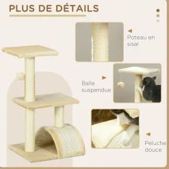 Arbre à chat griffoir grattoir design jeu boule suspendue 2 plateformes peluche sisal naturel crème