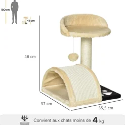 Arbre à chat griffoir grattoir design jeu boule suspendue + plateforme peluche sisal naturel beige