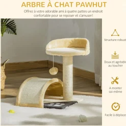 Arbre à chat griffoir grattoir design jeu boule suspendue + plateforme peluche sisal naturel beige