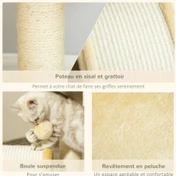 Arbre à chat griffoir grattoir design jeu boule suspendue + plateforme peluche sisal naturel beige