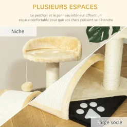 Arbre à chat griffoir grattoir design jeu boule suspendue + plateforme peluche sisal naturel beige