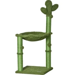 Arbre à chat griffoirs design cactus - hamac, 3 jouets pompons suspendus - panneaux peluche sisal vert